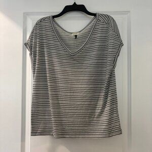 Boutique Gray and White Stripe V Neck T Shirt